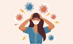Illustration of a woman wearing a mask with her hands on her head in frustration, surrounded by coronavirus particles and lightning bolt icons